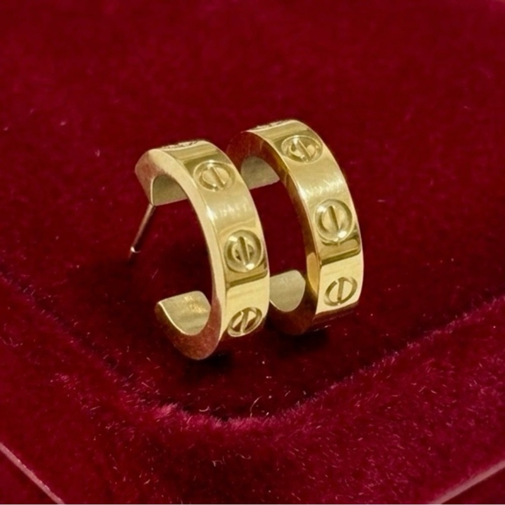 18K Gold Plated Small Screw Motif C-Hoops Modern Minimalist Stud Earrings